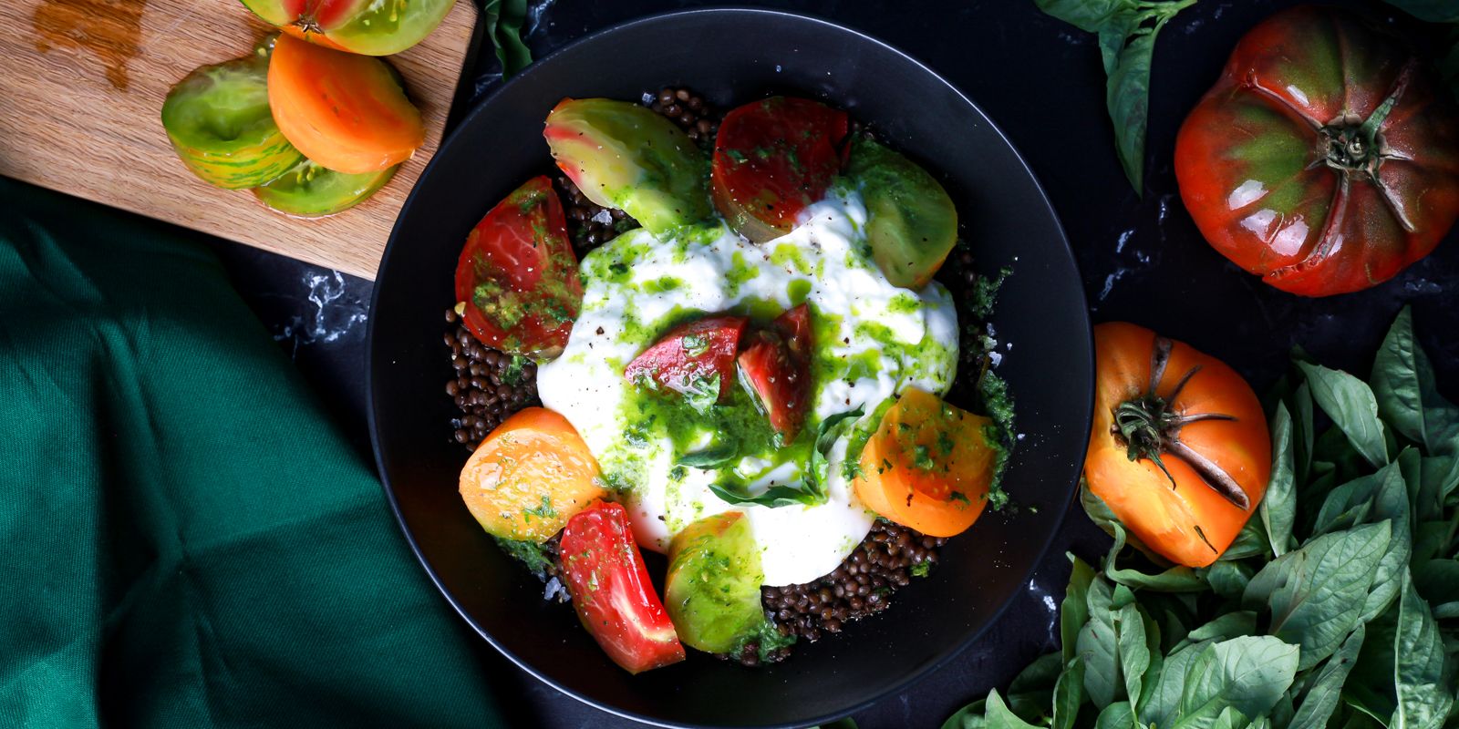 BELUGA LENTILS WITH BURRATA, HEIRLOOM TOMATOES AND BASIL CHIMICHURI