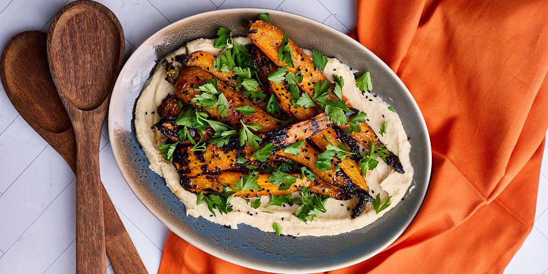 MOROCCAN GRILLED CARROTS WITH NIGELLA SEEDS ON BUTTER BEAN PUREE