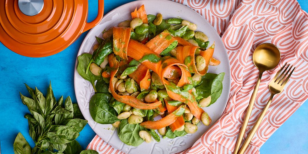 SPRING BUTTER BEAN SALAD WITH CARROT RIBBONS AND CARROT PESTO