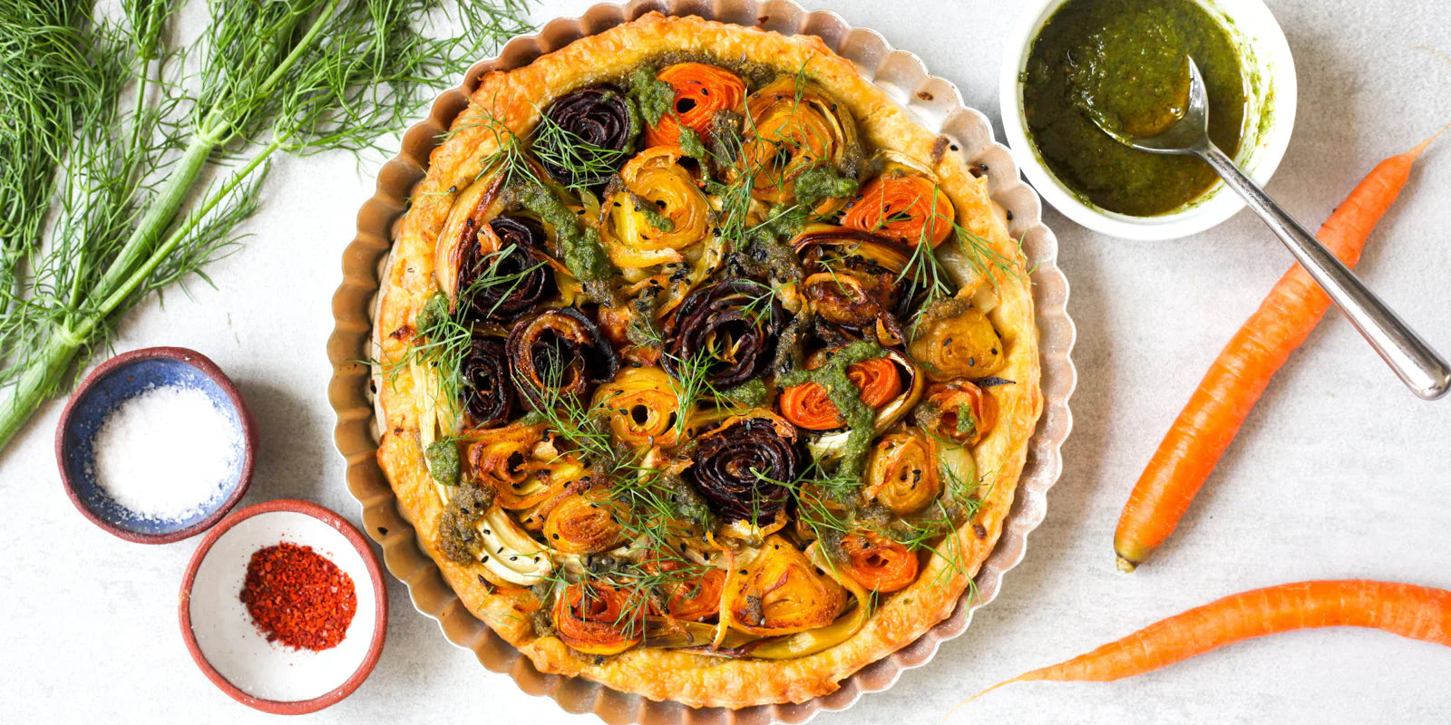 Roast Carrot Tart with Preserved Lemon and Carrot Greens Pesto
