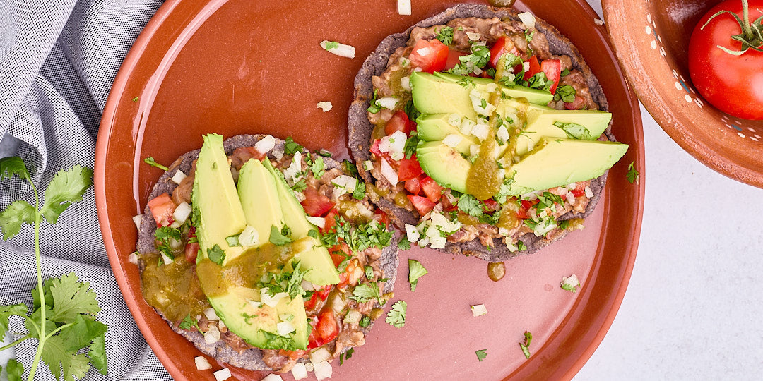 bean tostada with avocado