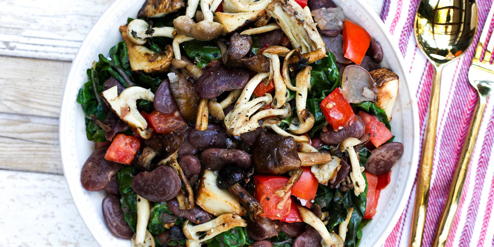 christmas lima beans with caramelized onions, mushrooms and chard