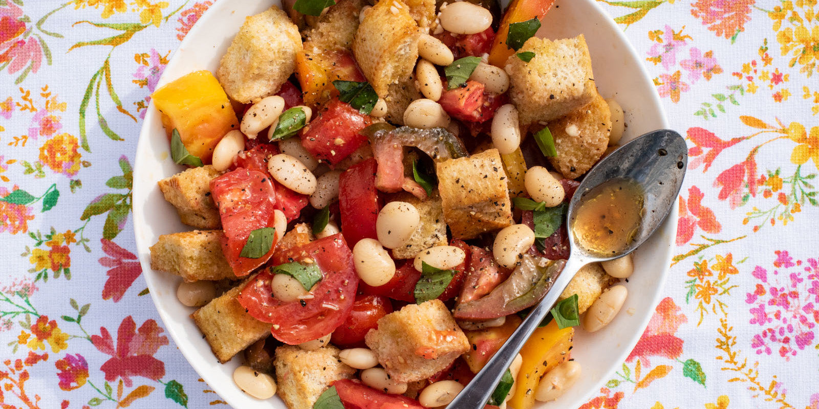 peak-summer panzanella with ayocote blanco beans, tomatoes, and bread cubes tossed in vinaigrette