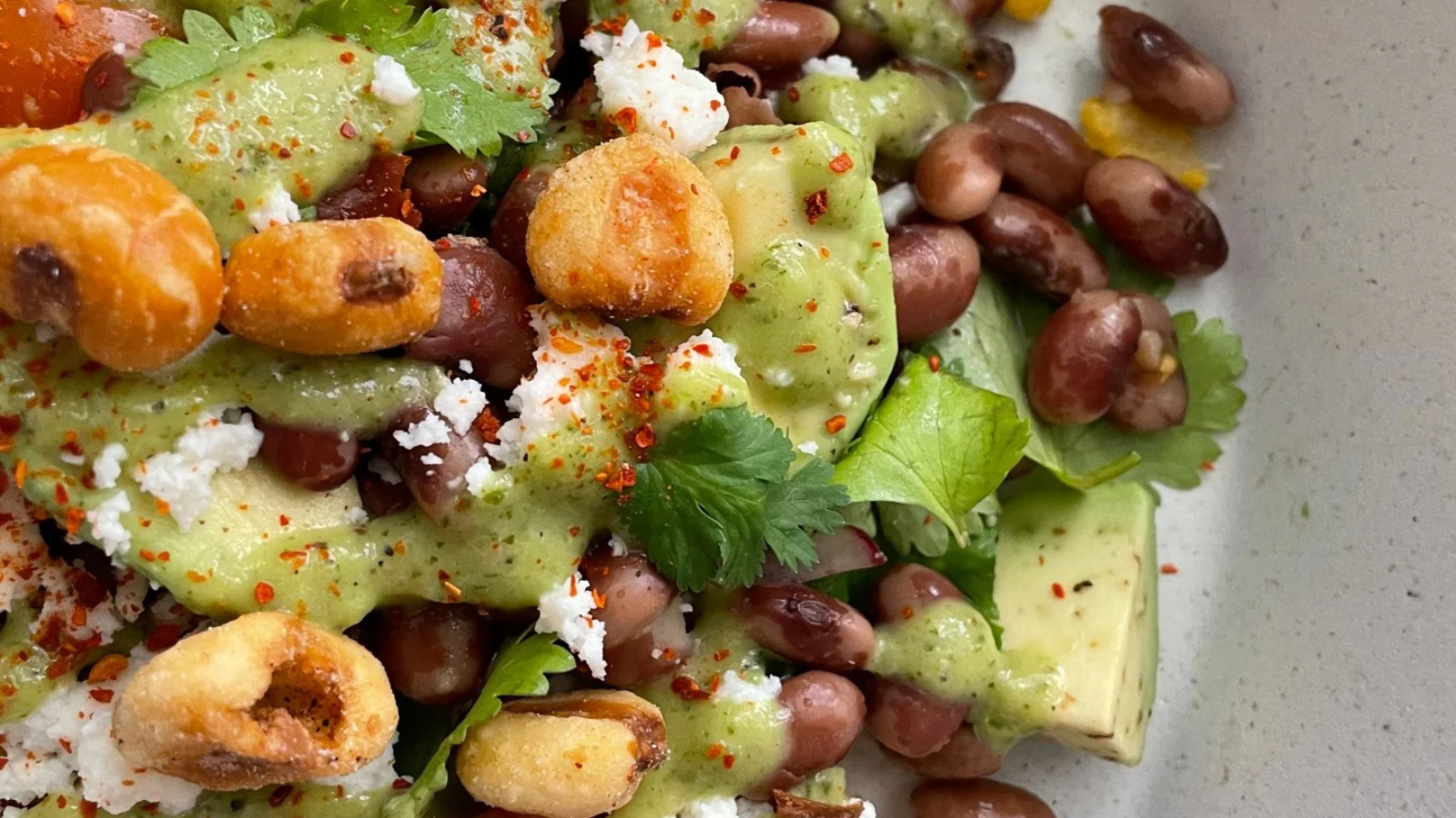 Southwest Beans With Toasted Hominy And Honey Tomatillo Vinaigrette