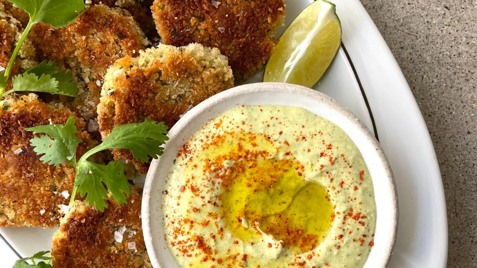 Cannellini bean fritters with roasted poblano yogurt