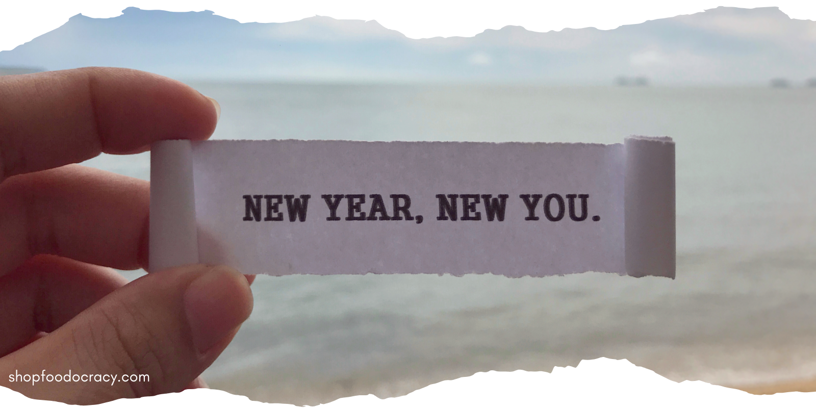 hand holding a piece of paper saying new year new you