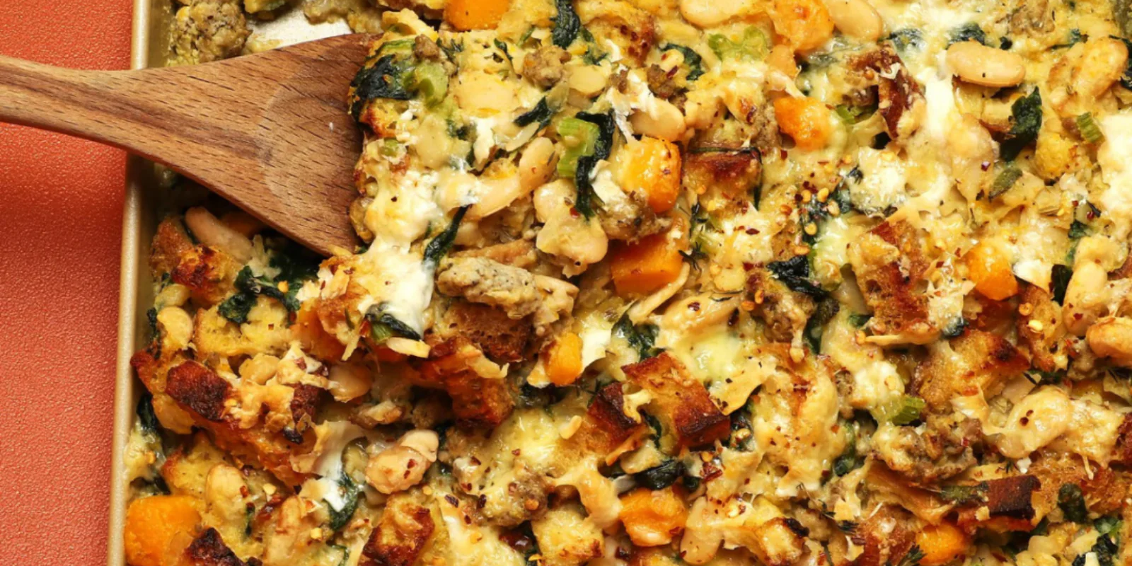Hearty stuffing with white beans, butternut squash, and sausage