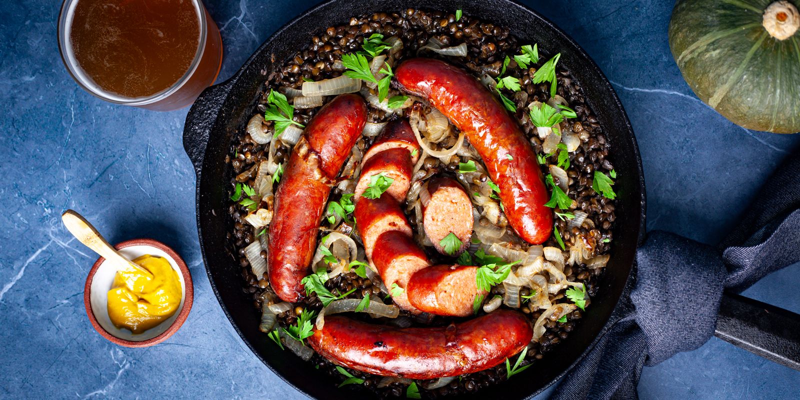 BEER BRAISED LENTILS & SAUSAGE