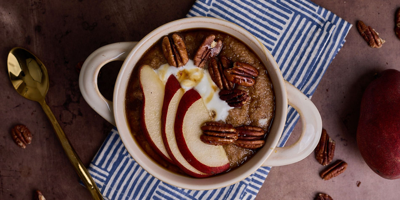 GINGERBREAD FARRO PORRIDGE WITH PEAR AND TOASTED PECANS