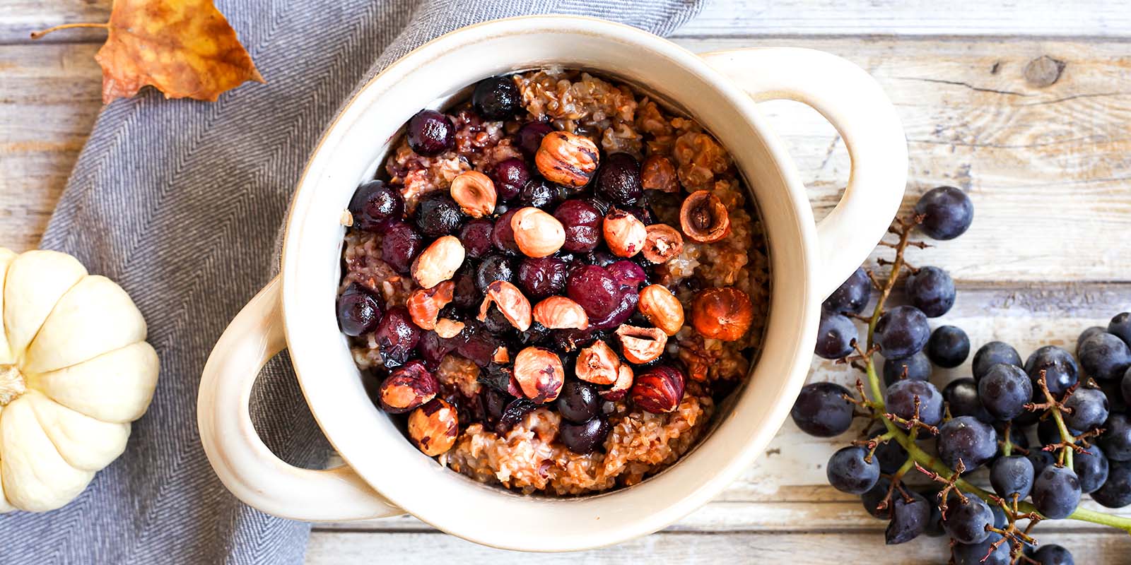 cracked farro porridge with roasted grapes