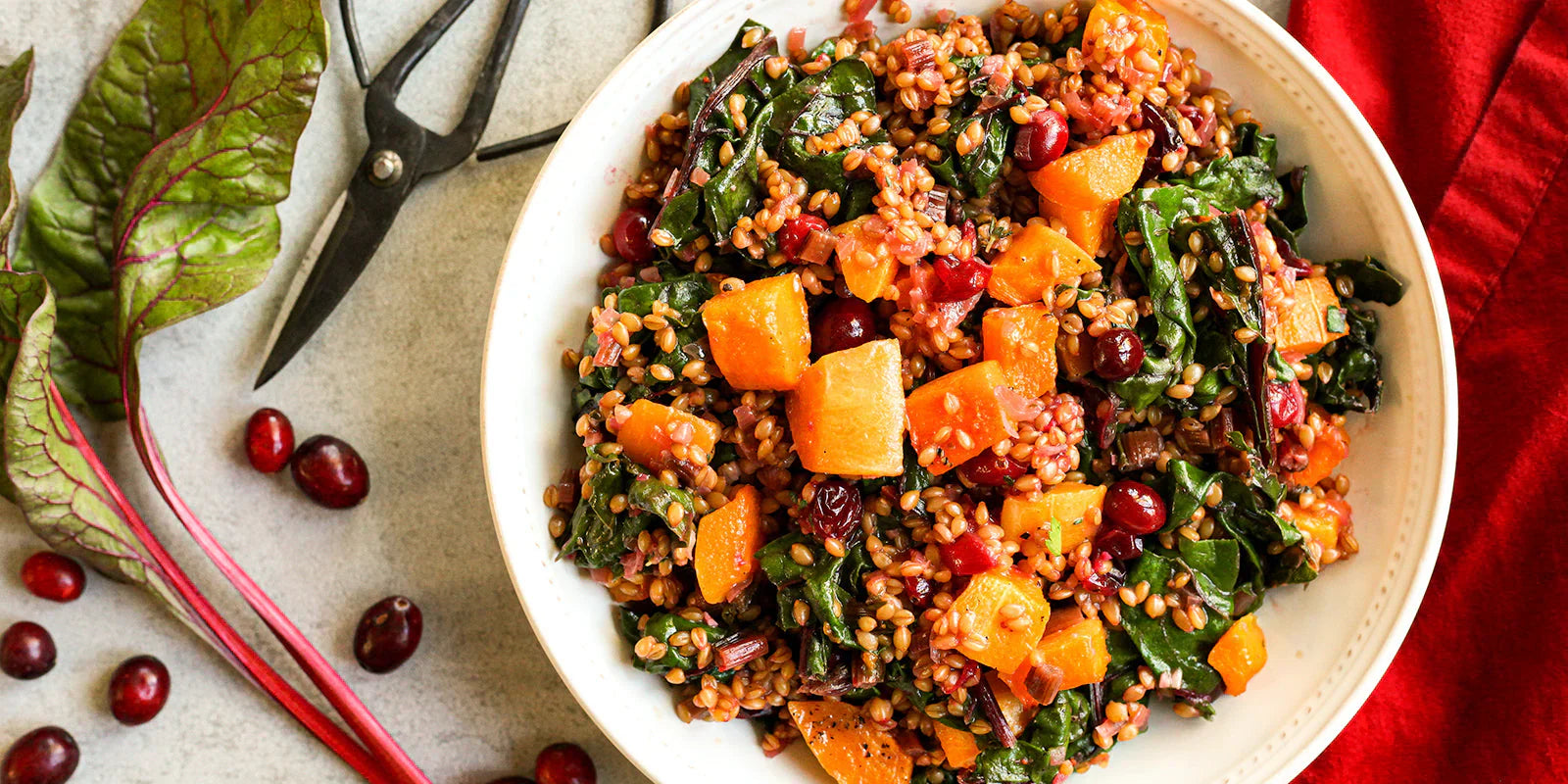 bowl of colorful butternut squash, einkorn and chard salad