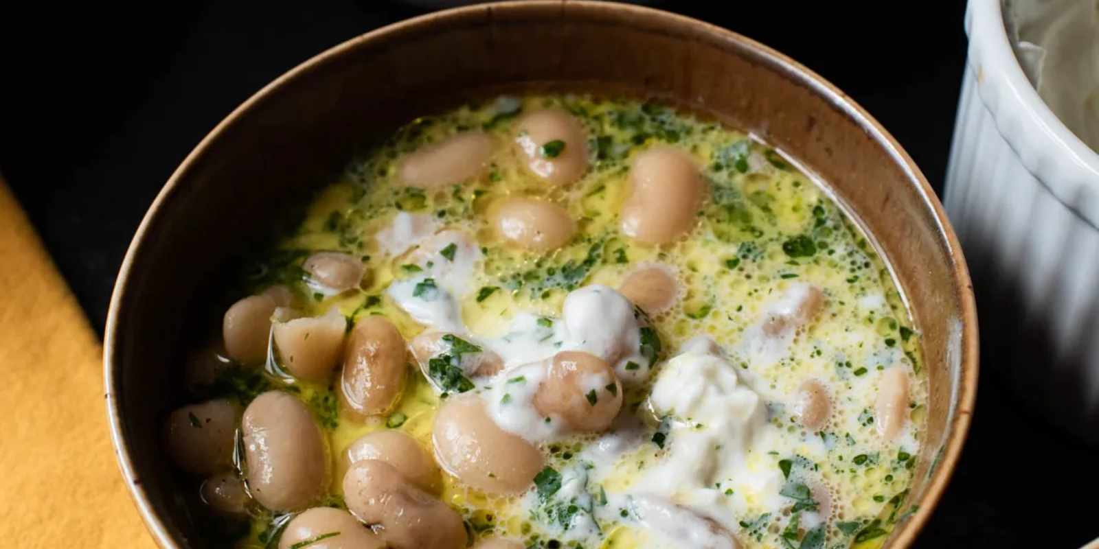 brothy beans with gremolata and Greek yogurt
