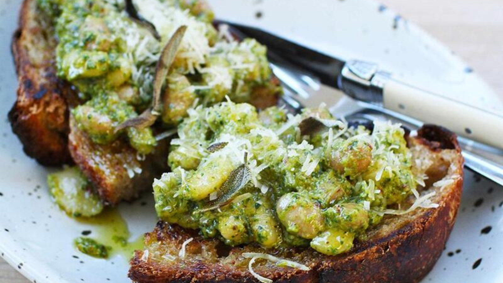Botanica’s bean tartine with sage-pistachio pesto