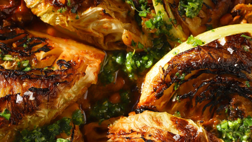 Caramelized cabbage with spiced-braised beans