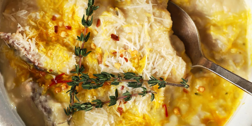 yellow butter bean soup with cheese and thyme