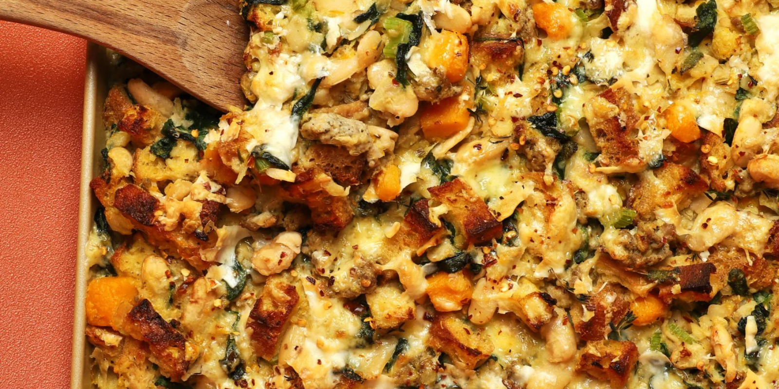 Hearty stuffing with white beans, butternut squash, and sausage