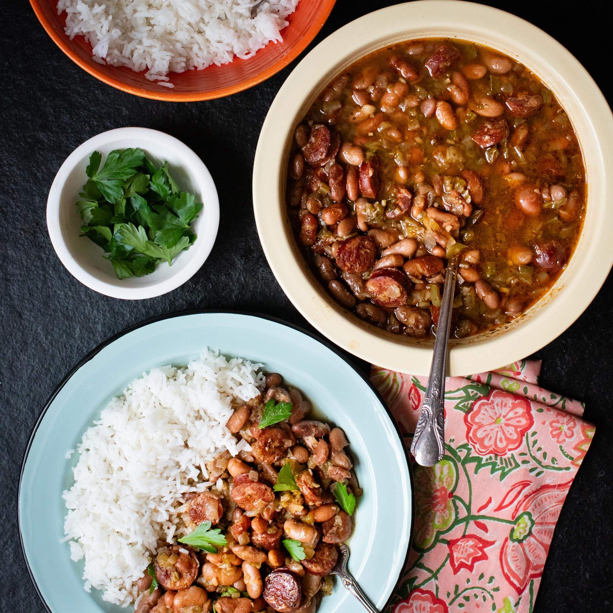 Louisiana-style smoky beans and rice with Primary Beans Speckled Bayo beans