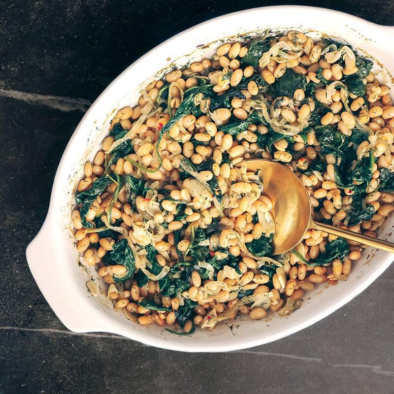 Baked beans with greens, dill, and yogurt recipe with Primary Beans Alubia beans