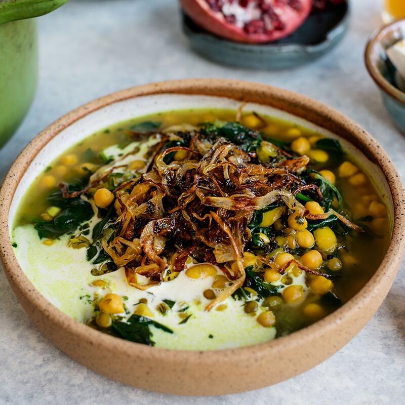 Persian-style herby beans with yogurt and caramelized onions with Primary Beans Chickpeas