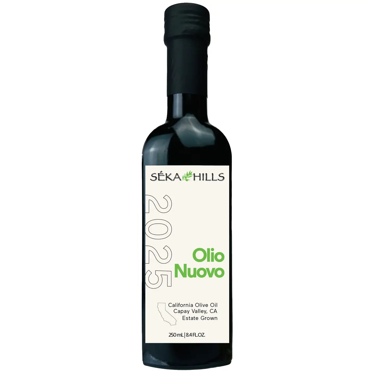 2025 Olio Nuovo From Seka Hills Dark Glass Bottle on white background
