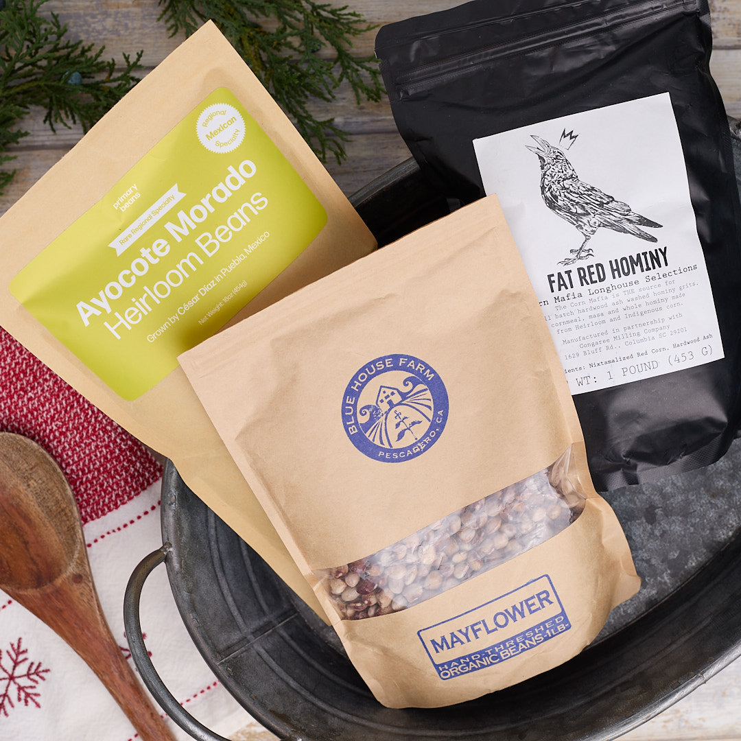 two bags of beans and one bag of fat red hominy - heirloom bean and grain club foodocracy